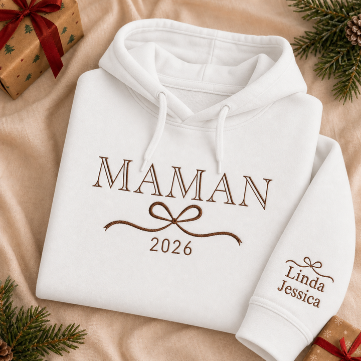 Sweat-shirt brodé personnalisé avec les prénoms des enfants sur la manche – Cadeau pour maman ou mamie