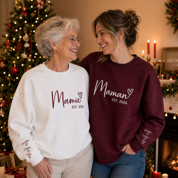 Sweat-shirt brodé personnalisé avec les prénoms des enfants sur la manche – Cadeau pour maman