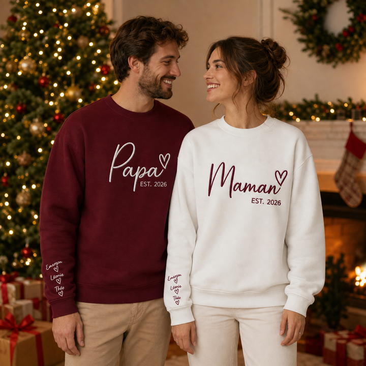 Sweat-shirt brodé personnalisé avec les prénoms des enfants sur la manche – Cadeau pour maman