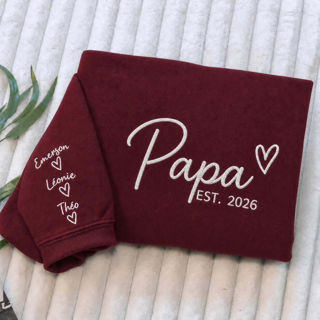 Sweat-shirt brodé personnalisé avec les prénoms des enfants sur la manche – Cadeau pour maman