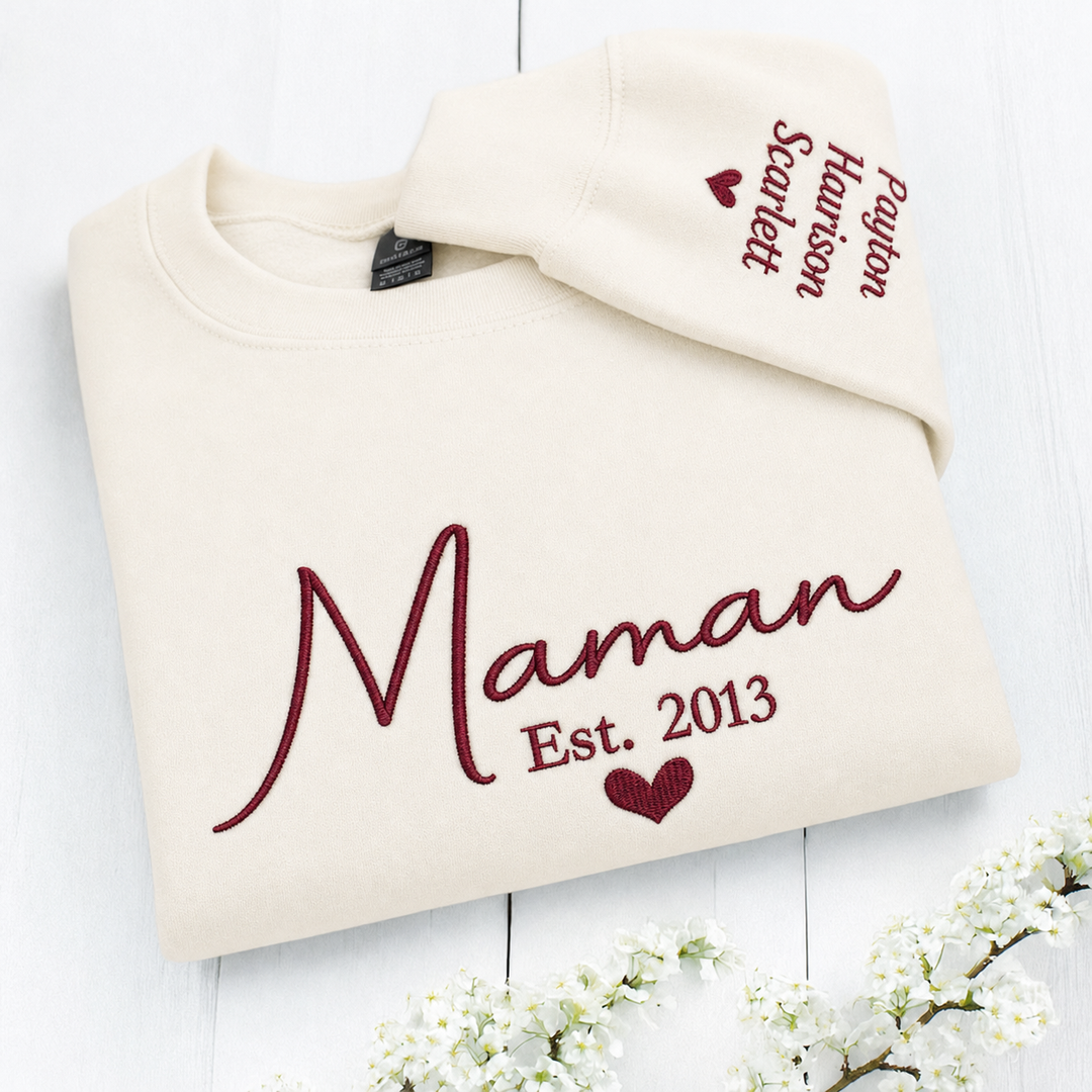 Sweat-shirt brodé personnalisé avec les prénoms des enfants sur la manche – Le cadeau idéal pour maman