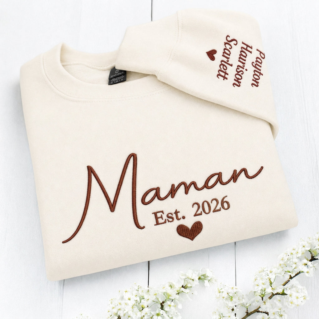 Sweat-shirt brodé personnalisé avec les prénoms des enfants sur la manche – Le cadeau idéal pour maman