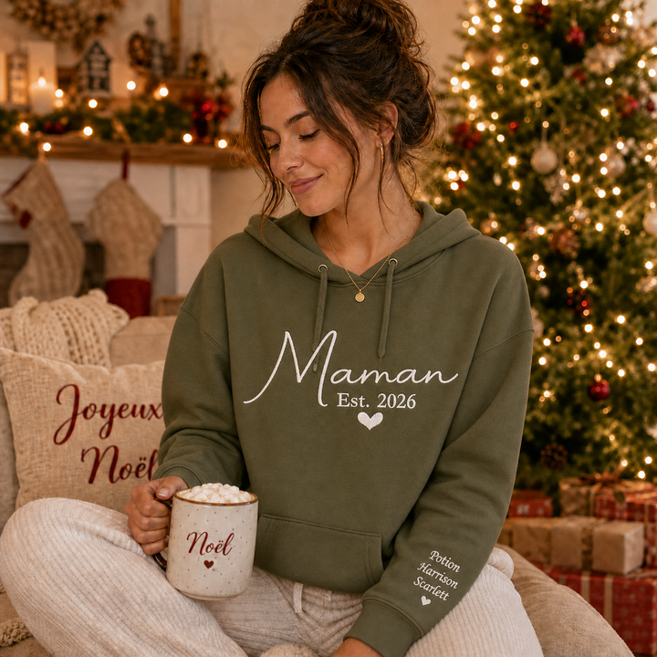 Sweat-shirt brodé personnalisé avec les prénoms des enfants sur la manche – Le cadeau idéal pour maman