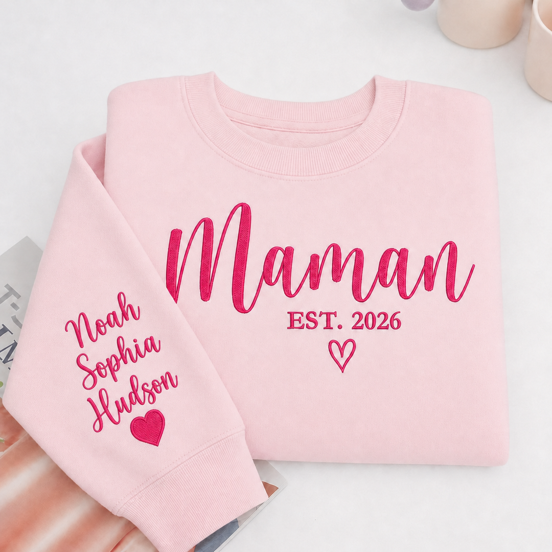 Sweat-shirt brodé personnalisé avec les prénoms des enfants sur la manche – Le cadeau idéal pour maman et marraine