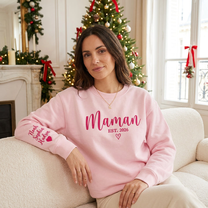 Sweat-shirt brodé personnalisé avec les prénoms des enfants sur la manche – Le cadeau idéal pour maman et marraine