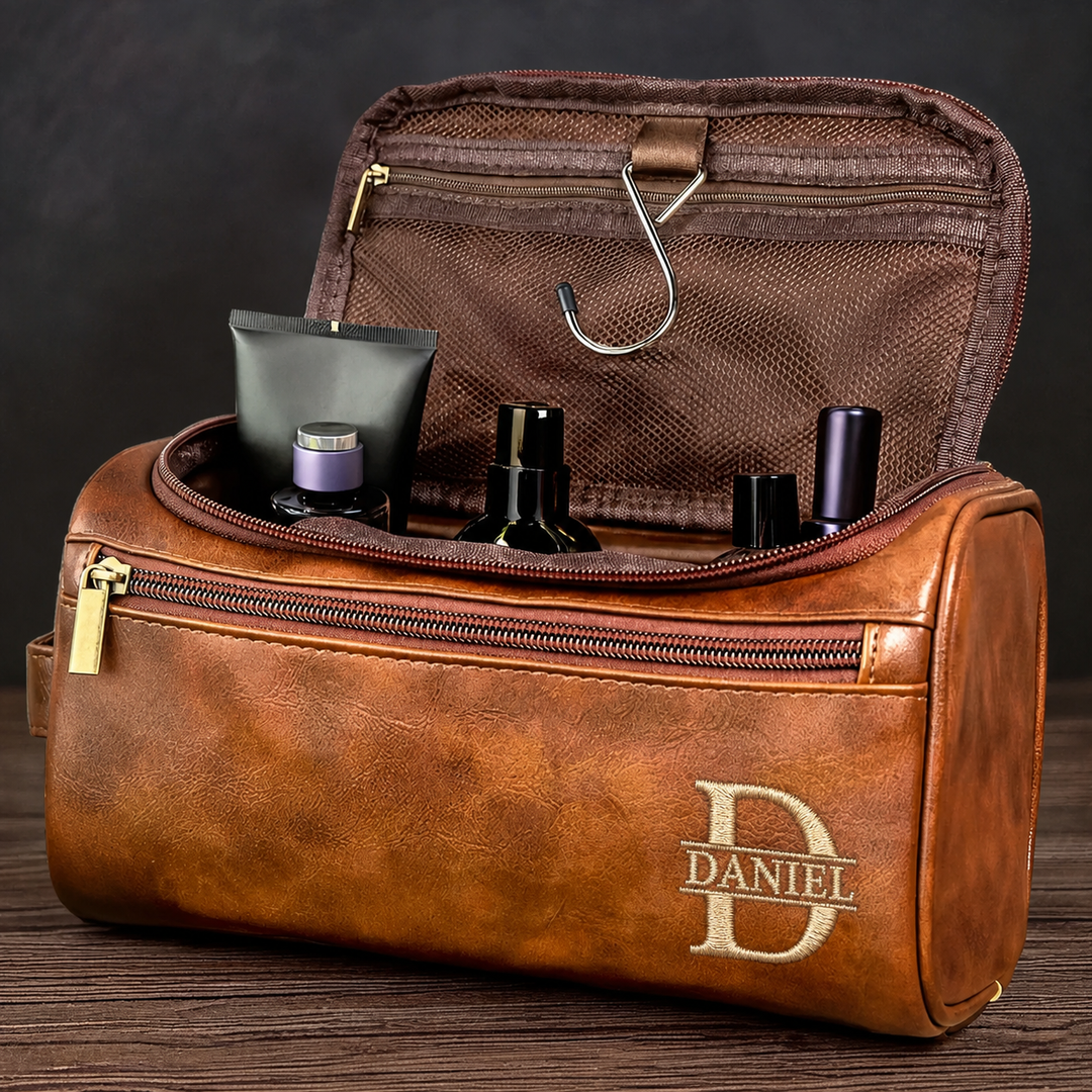 Trousse de toilette en cuir brodé personnalisée – un cadeau pour les pères et les hommes