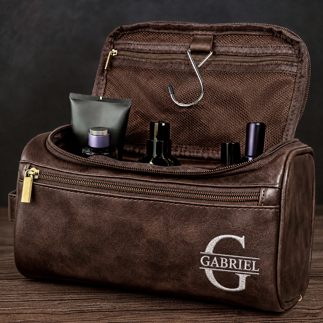 Trousse de toilette en cuir brodé personnalisée – un cadeau pour les pères et les hommes