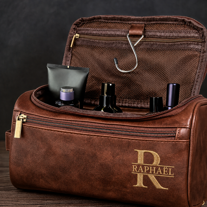 Trousse de toilette en cuir brodé personnalisée – un cadeau pour les pères et les hommes