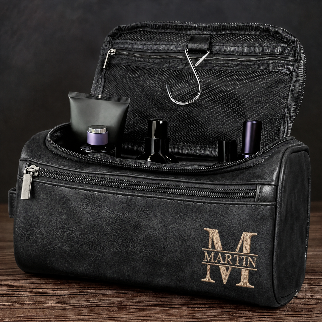 Trousse de toilette en cuir brodé personnalisée – un cadeau pour les pères et les hommes