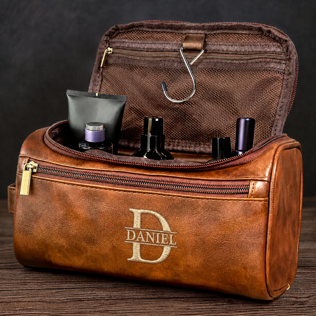 Trousse de toilette en cuir brodé personnalisée – un cadeau pour les pères et les hommes