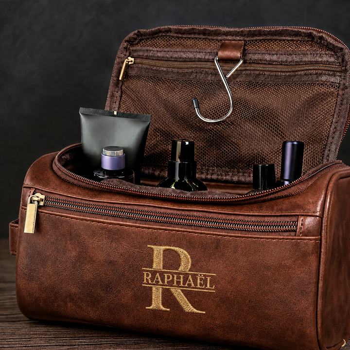 Trousse de toilette en cuir brodé personnalisée – un cadeau pour les pères et les hommes