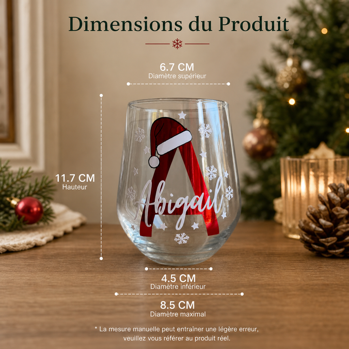 Verre à Vin Sans Pied Personnalisé Noël - Monogramme Lettre et Prénom avec Bonnet de Père Noël - Cadeau Fêtes de Fin d'Année