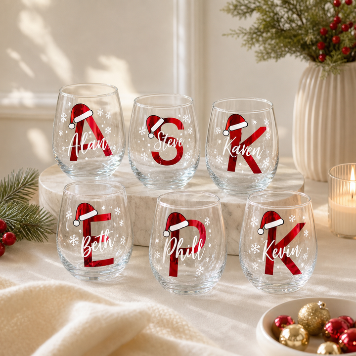 Verre à Vin Sans Pied Personnalisé Noël - Monogramme Lettre et Prénom avec Bonnet de Père Noël - Cadeau Fêtes de Fin d'Année