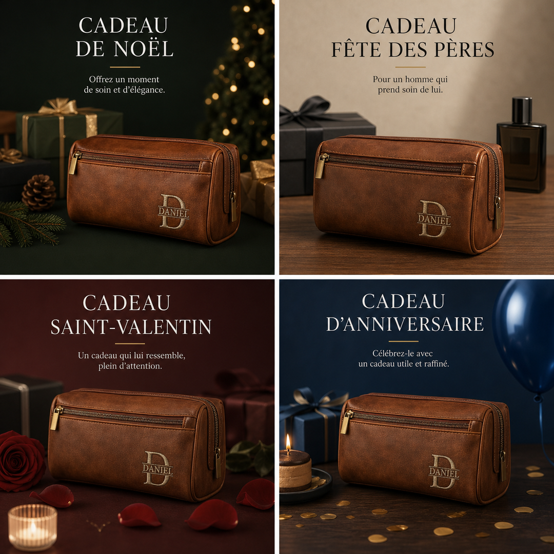 Trousse de toilette en cuir brodé personnalisée – un cadeau pour les pères et les hommes