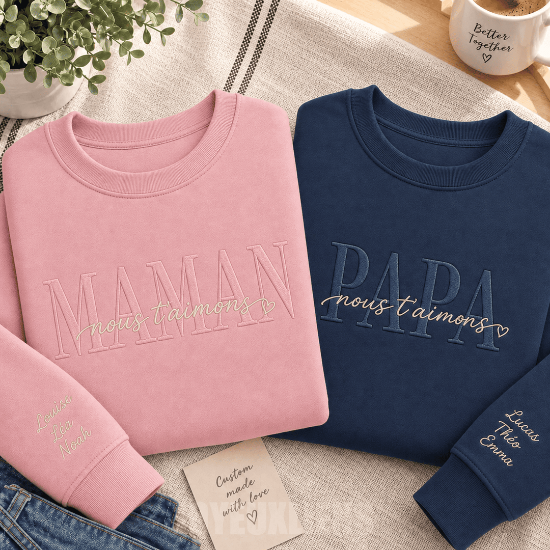 Sweat-shirt brodé personnalisé avec les prénoms des enfants sur la manche, cadeau pour maman et papa,nous t'aimons
