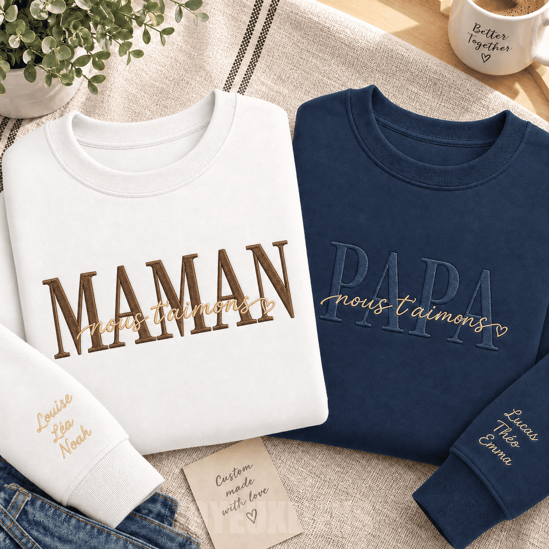 Sweat-shirt brodé personnalisé avec les prénoms des enfants sur la manche, cadeau pour maman et papa,nous t'aimons