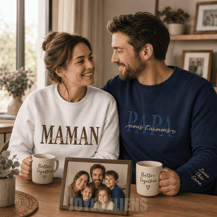 Sweat-shirt brodé personnalisé avec les prénoms des enfants sur la manche, cadeau pour maman et papa,nous t'aimons