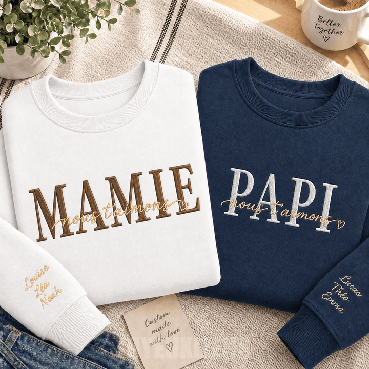 Sweat-shirt brodé personnalisé avec les prénoms des enfants sur la manche, cadeau pour maman et papa,nous t'aimons