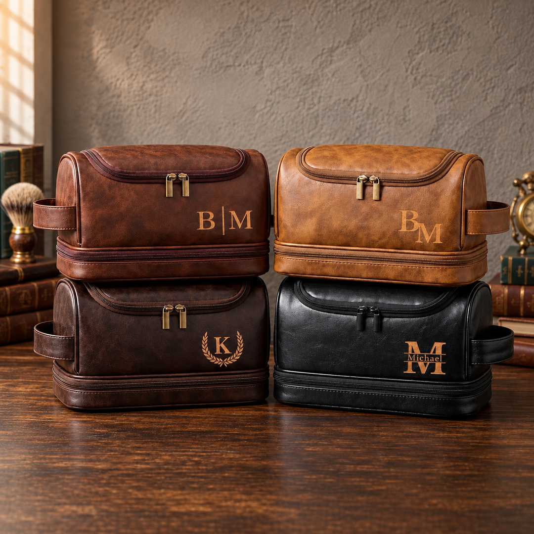 Trousse de toilette personnalisée en cuir double couche – un cadeau pour les pères et les hommes