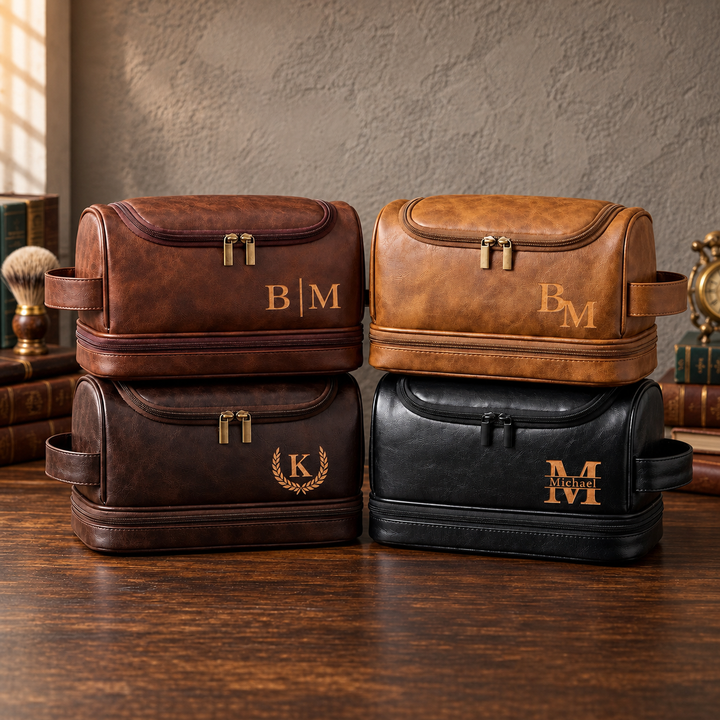 Trousse de toilette personnalisée en cuir double couche – un cadeau pour les pères et les hommes