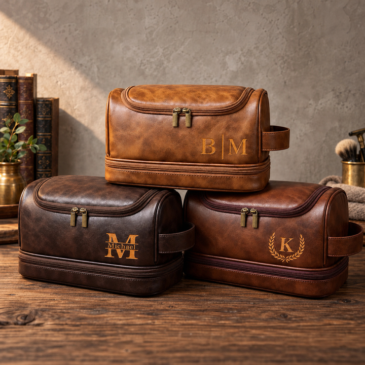 Trousse de toilette personnalisée en cuir double couche – un cadeau pour les pères et les hommes