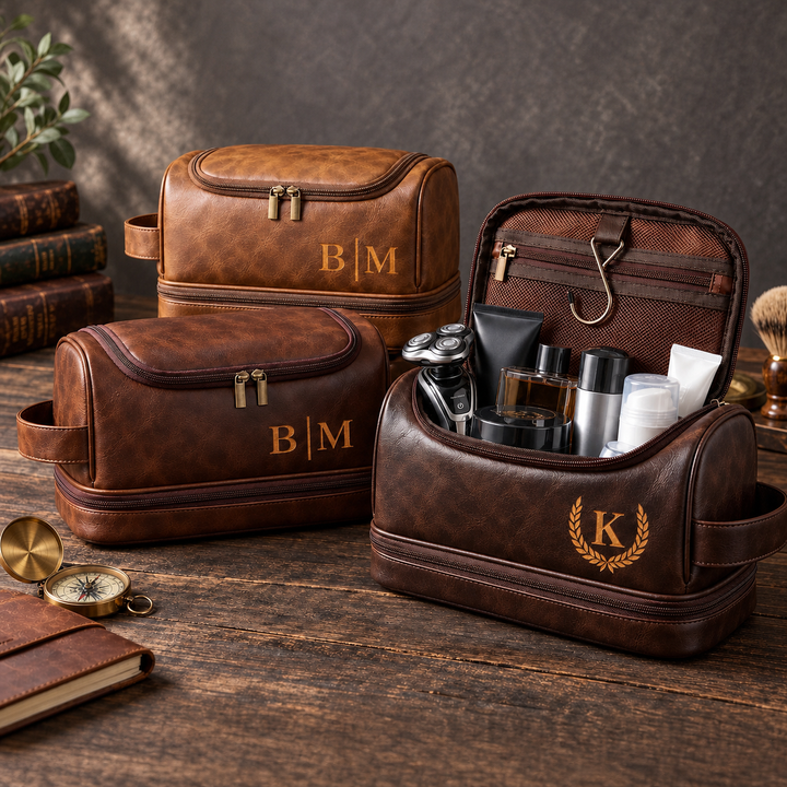 Trousse de toilette personnalisée en cuir double couche – un cadeau pour les pères et les hommes