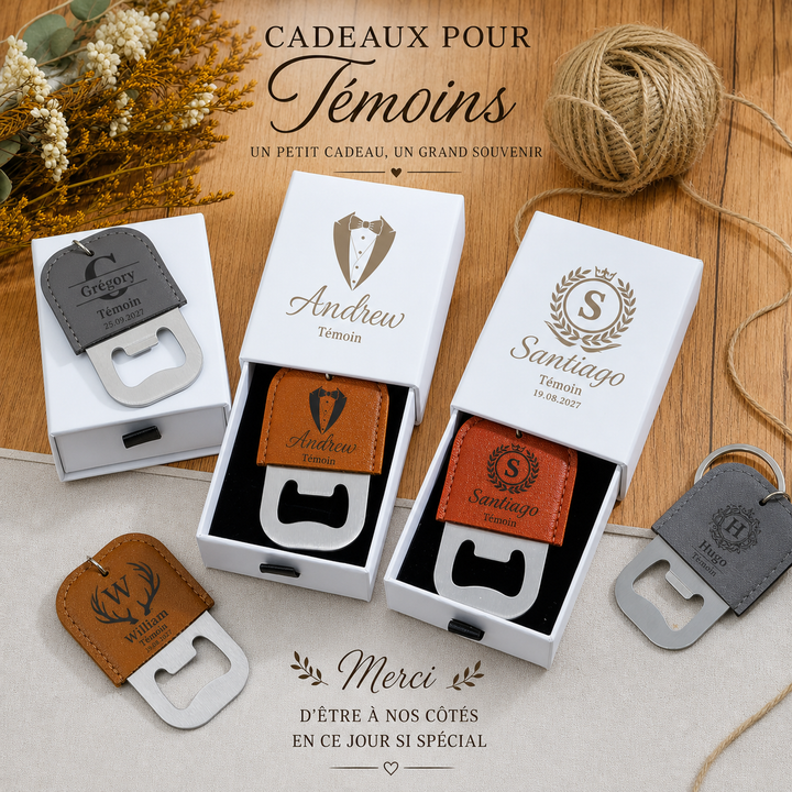 Porte-clés décapsuleur personnalisé en cuir et métal, pour homme / papa / petit ami