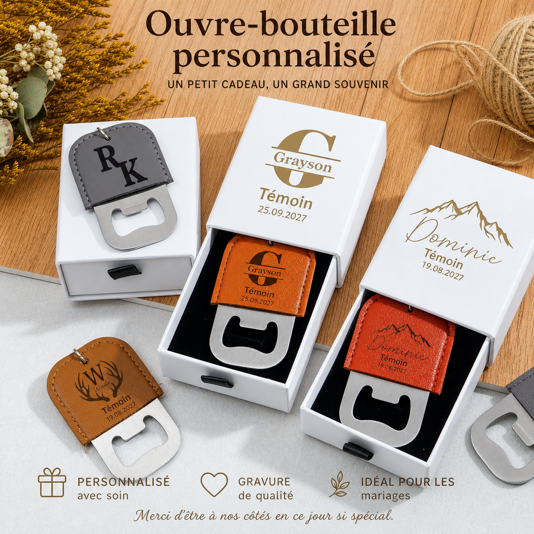 Porte-clés décapsuleur personnalisé en cuir et métal, pour homme / papa / petit ami