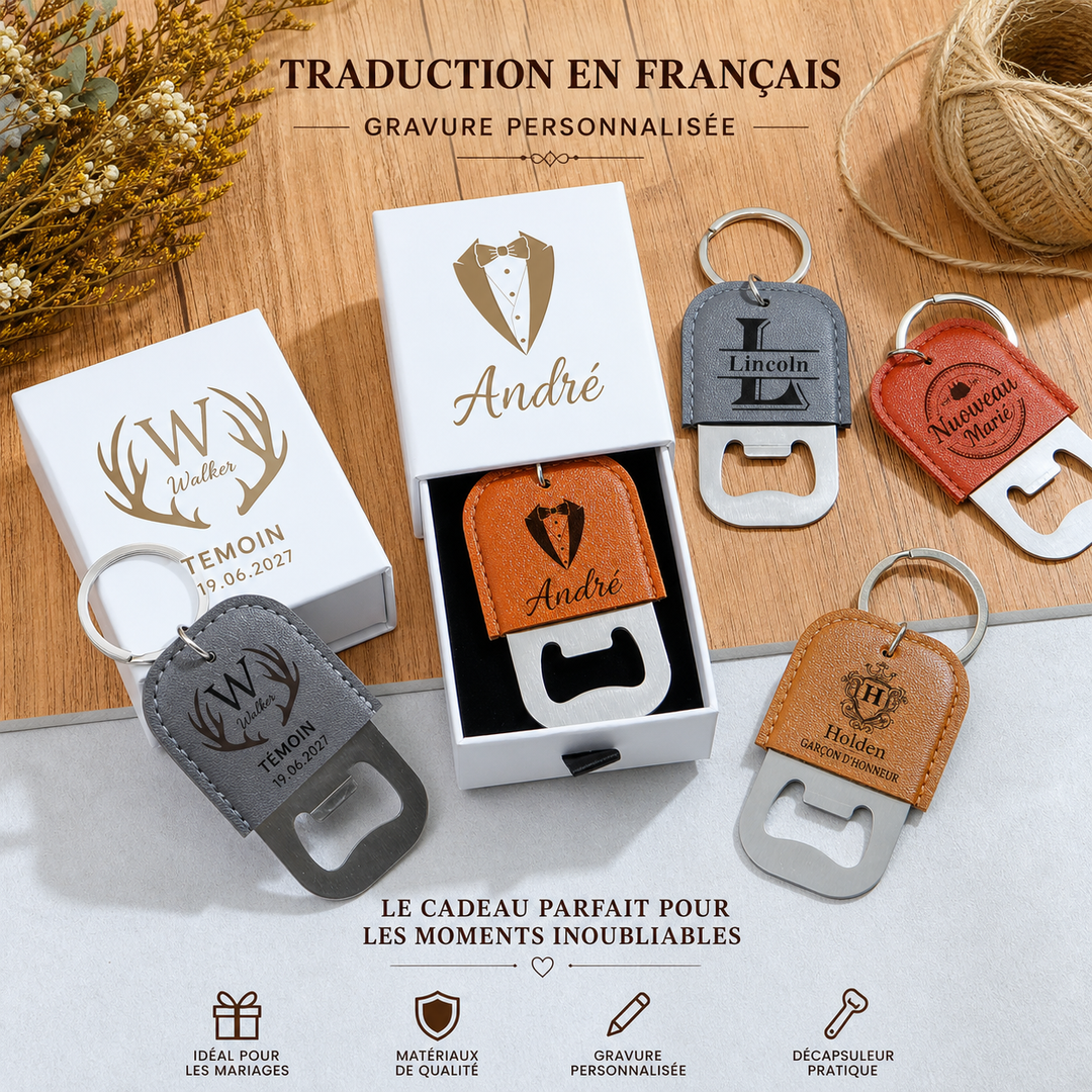 Porte-clés décapsuleur personnalisé en cuir et métal, pour homme / papa / petit ami
