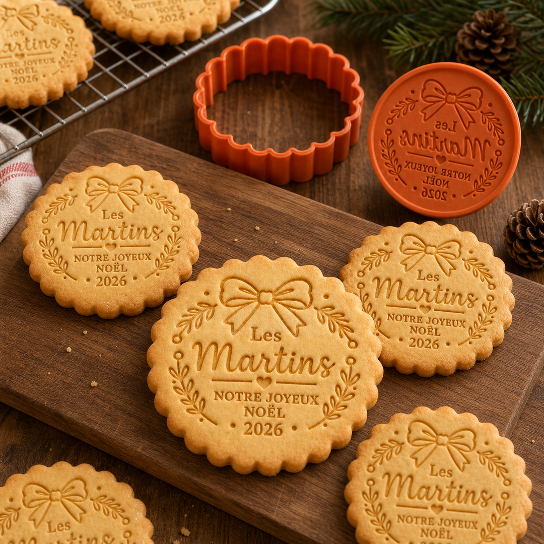 Emporte-pièce et tampon à biscuits personnalisés avec nom de famille – Notre joyeux Noël
