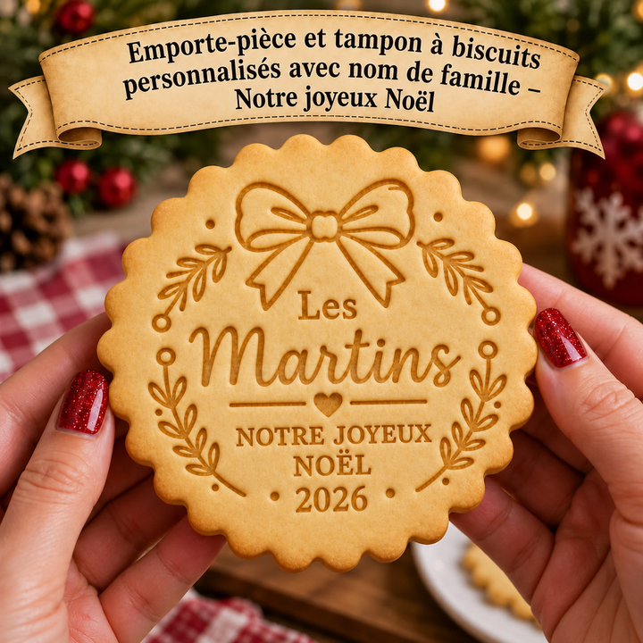 Emporte-pièce et tampon à biscuits personnalisés avec nom de famille – Notre joyeux Noël