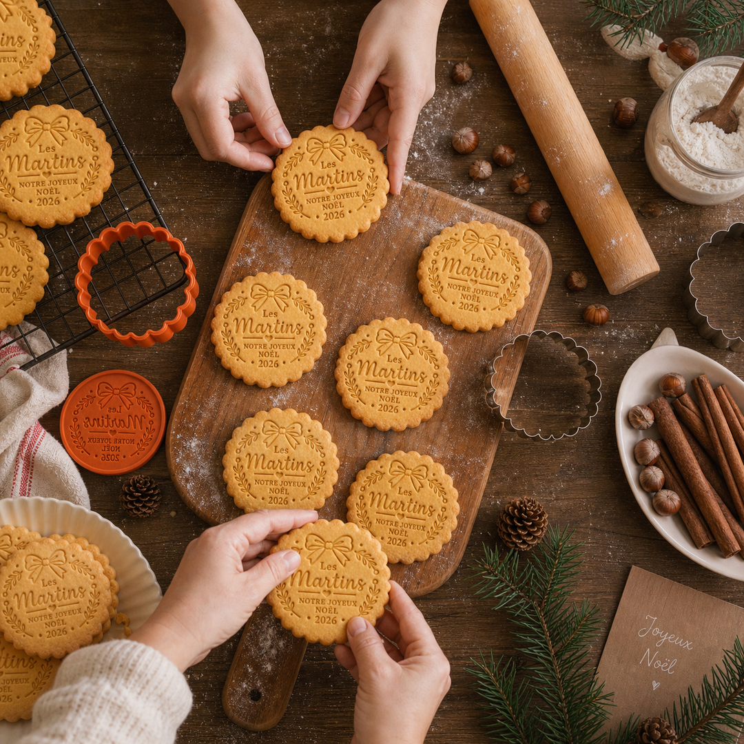 Emporte-pièce et tampon à biscuits personnalisés avec nom de famille – Notre joyeux Noël