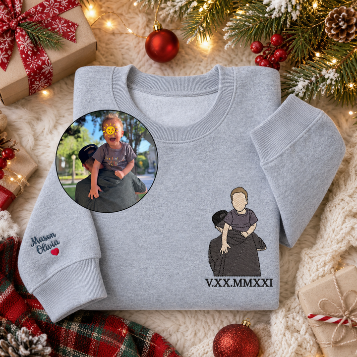 Sweat-shirt personnalisé avec broderie d’un portrait en couleur et chiffres romains – Cadeau de Noël pour papa/maman