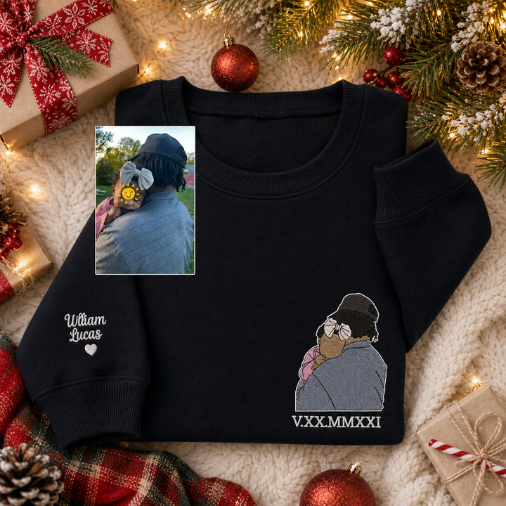 Sweat-shirt personnalisé avec broderie d’un portrait en couleur et chiffres romains – Cadeau de Noël pour papa/maman