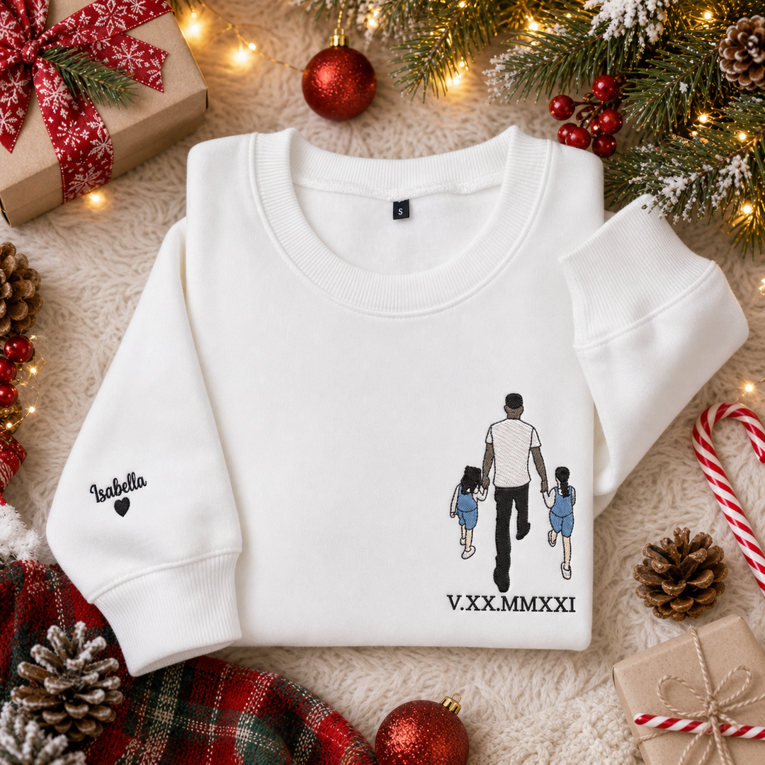 Sweat-shirt personnalisé avec broderie d’un portrait en couleur et chiffres romains – Cadeau de Noël pour papa/maman