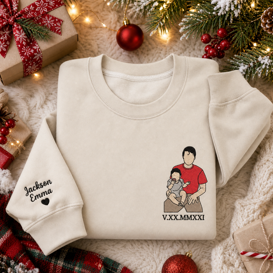 Sweat-shirt personnalisé avec broderie d’un portrait en couleur et chiffres romains – Cadeau de Noël pour papa/maman
