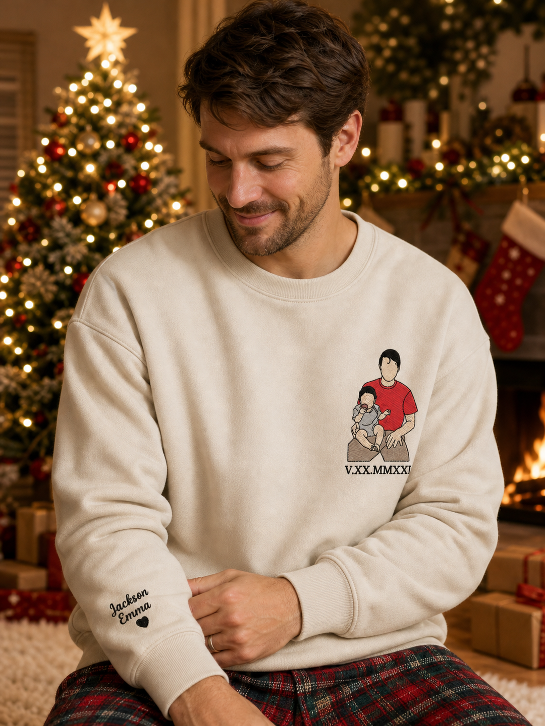 Sweat-shirt personnalisé avec broderie d’un portrait en couleur et chiffres romains – Cadeau de Noël pour papa/maman