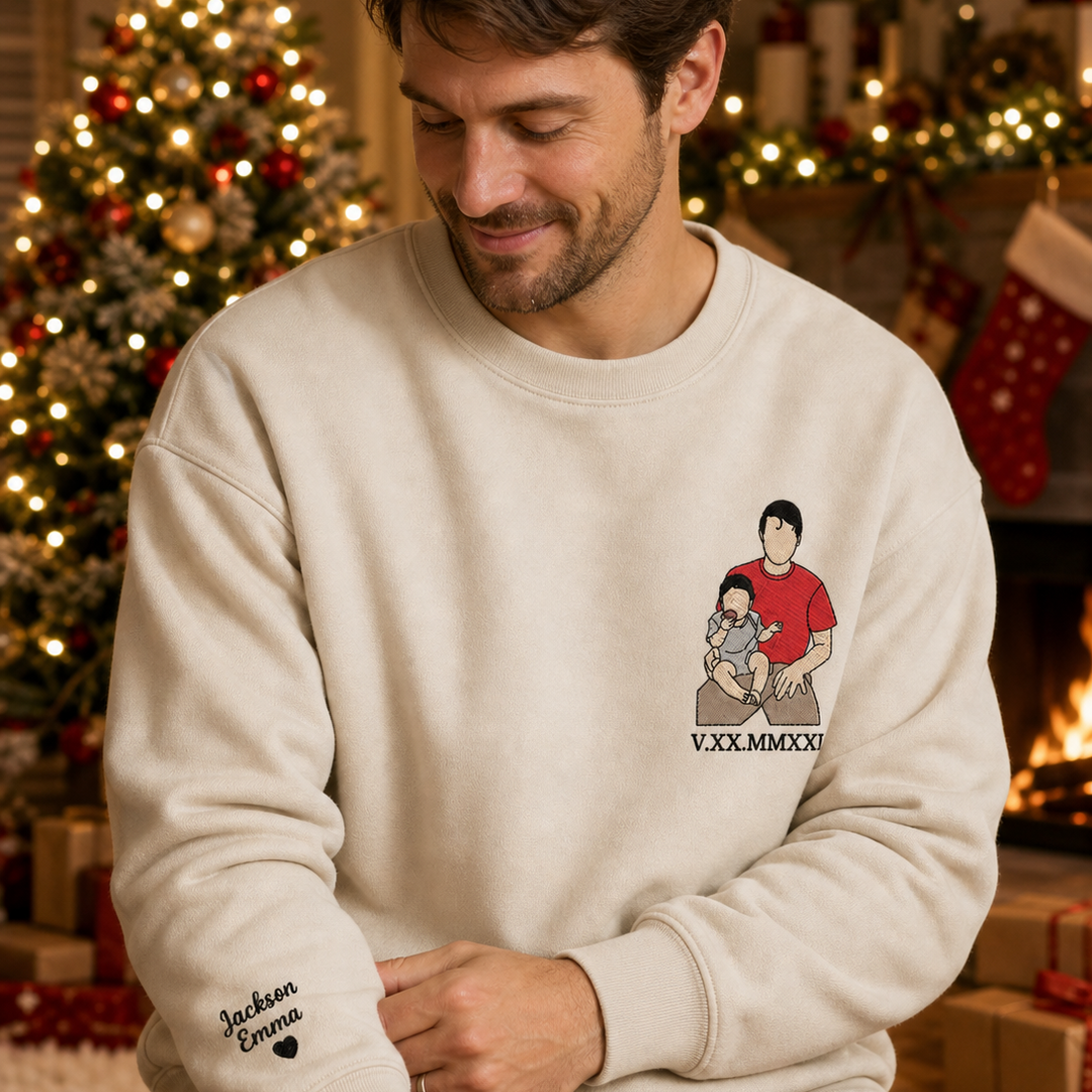 Sweat-shirt personnalisé avec broderie d’un portrait en couleur et chiffres romains – Cadeau de Noël pour papa/maman