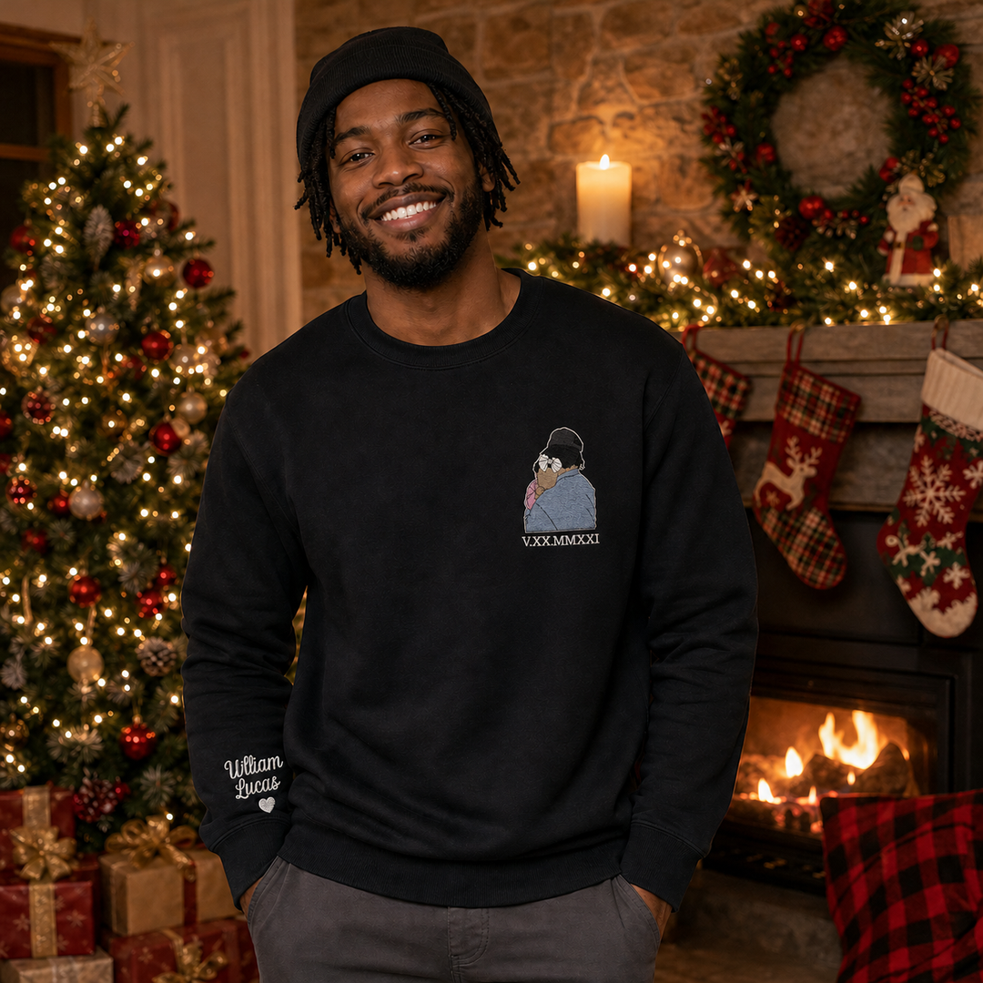 Sweat-shirt personnalisé avec broderie d’un portrait en couleur et chiffres romains – Cadeau de Noël pour papa/maman
