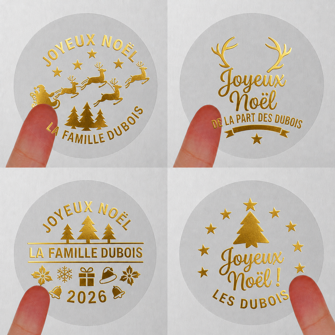 Étiquettes personnalisées pour cadeaux de Noël en famille – Dorure à chaud (or/argent)