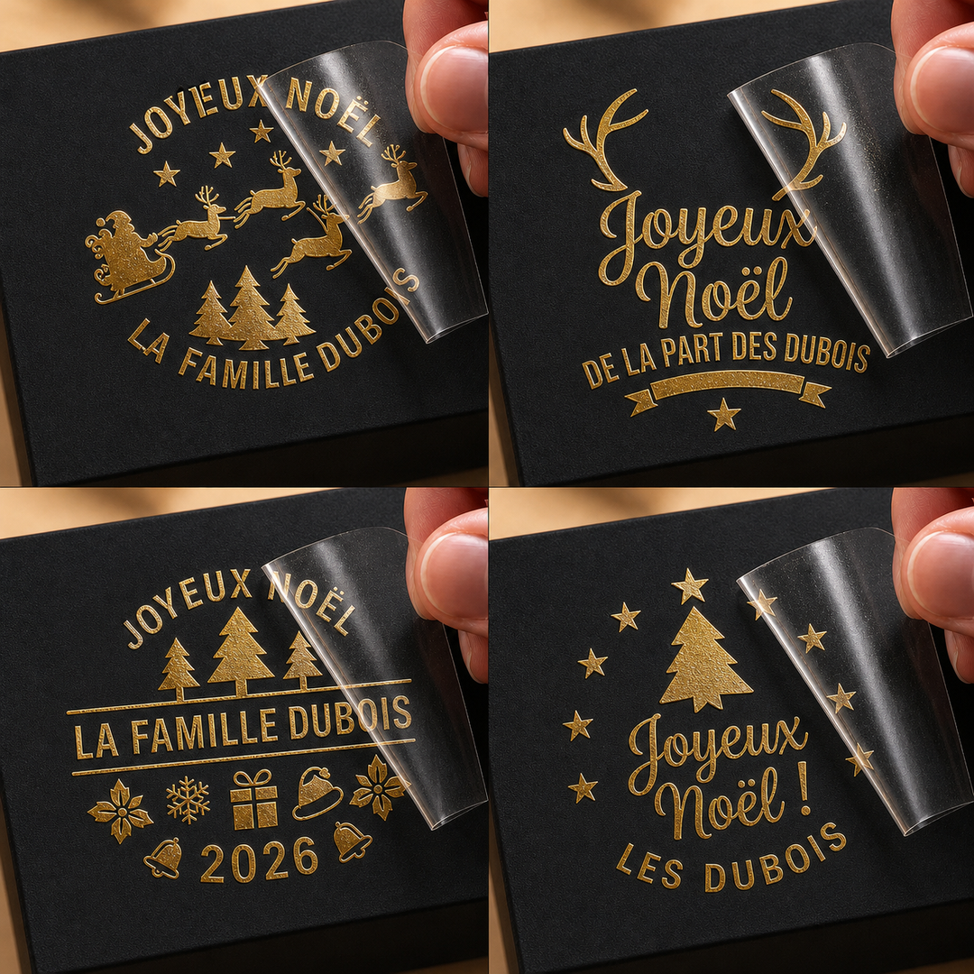Étiquettes personnalisées pour cadeaux de Noël en famille – Dorure à chaud (or/argent)