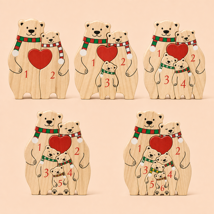 Puzzle Famille d’Ours en Bois Personnalisé avec Prénoms et Socle – Décoration de Noël pour Toute la Famille