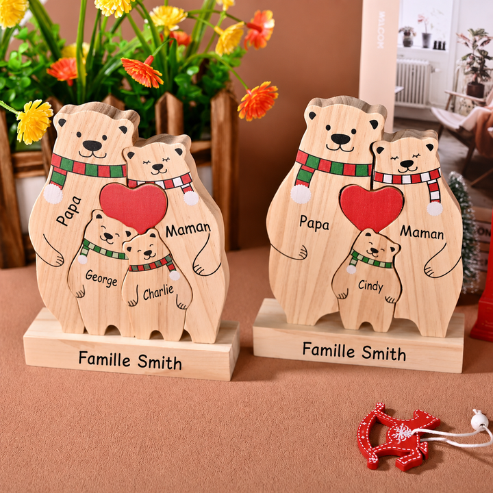 Puzzle Famille d’Ours en Bois Personnalisé avec Prénoms et Socle – Décoration de Noël pour Toute la Famille