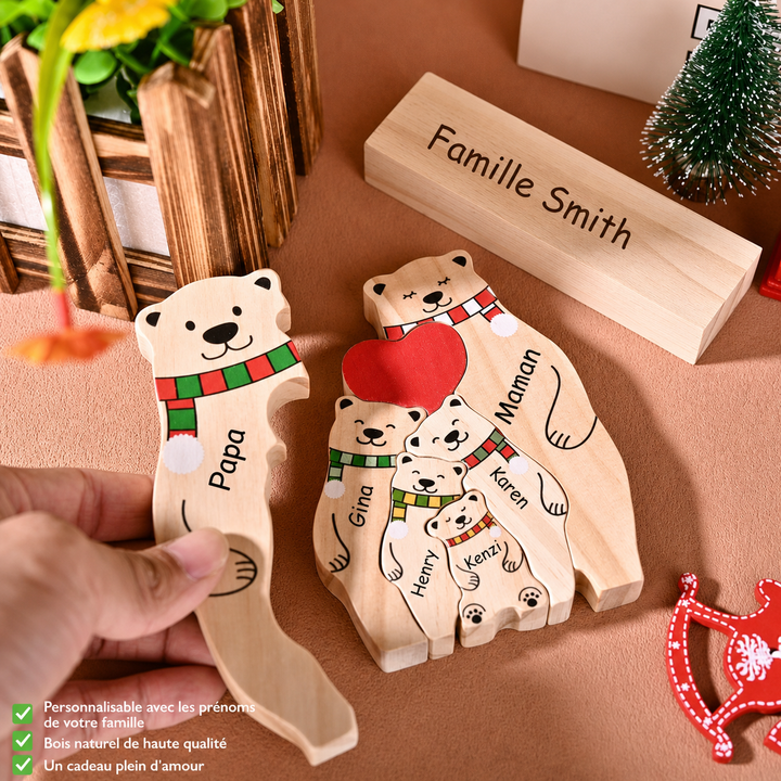 Puzzle Famille d’Ours en Bois Personnalisé avec Prénoms et Socle – Décoration de Noël pour Toute la Famille