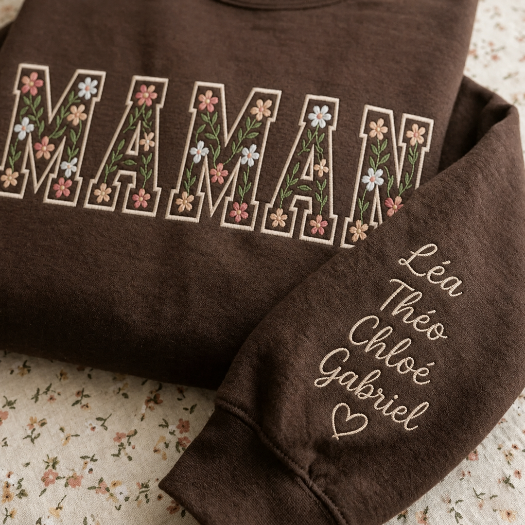 Sweat-shirt personnalisé avec surnom et motifs floraux brodés – pour maman et mamie