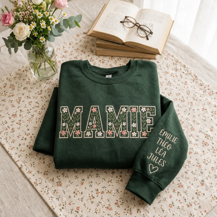 Sweat-shirt personnalisé avec surnom et motifs floraux brodés – pour maman et mamie