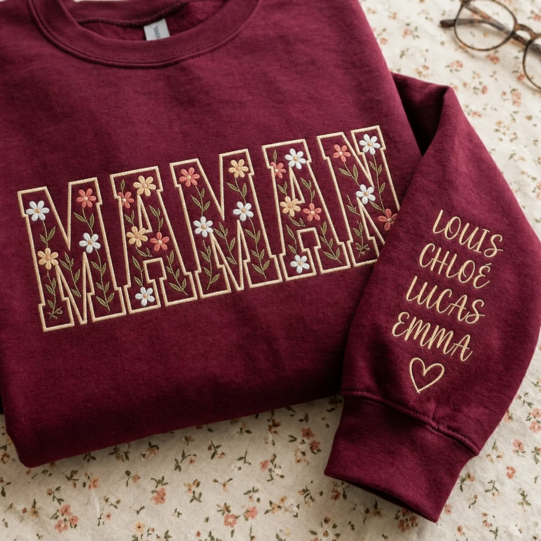 Sweat-shirt personnalisé avec surnom et motifs floraux brodés – pour maman et mamie