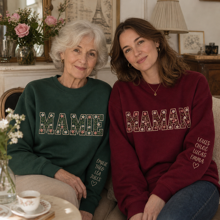 Sweat-shirt personnalisé avec surnom et motifs floraux brodés – pour maman et mamie