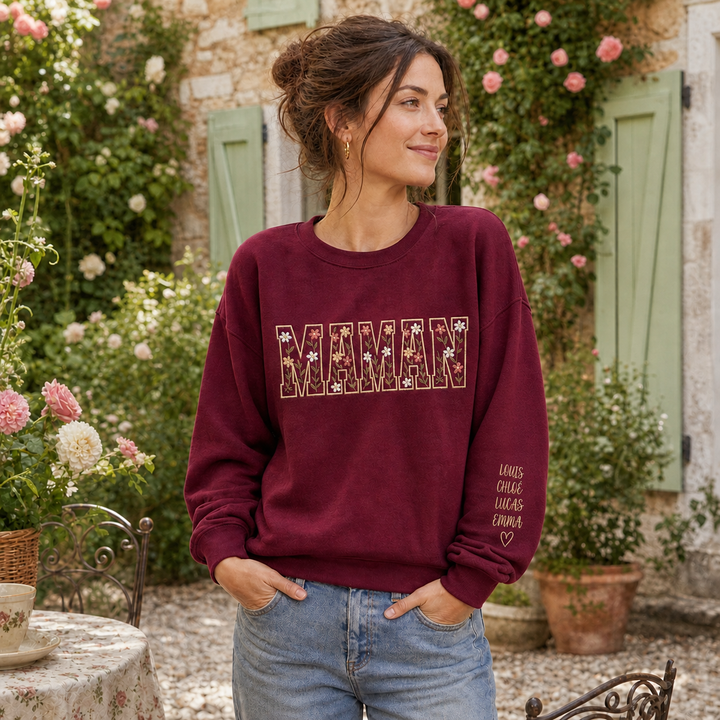 Sweat-shirt personnalisé avec surnom et motifs floraux brodés – pour maman et mamie