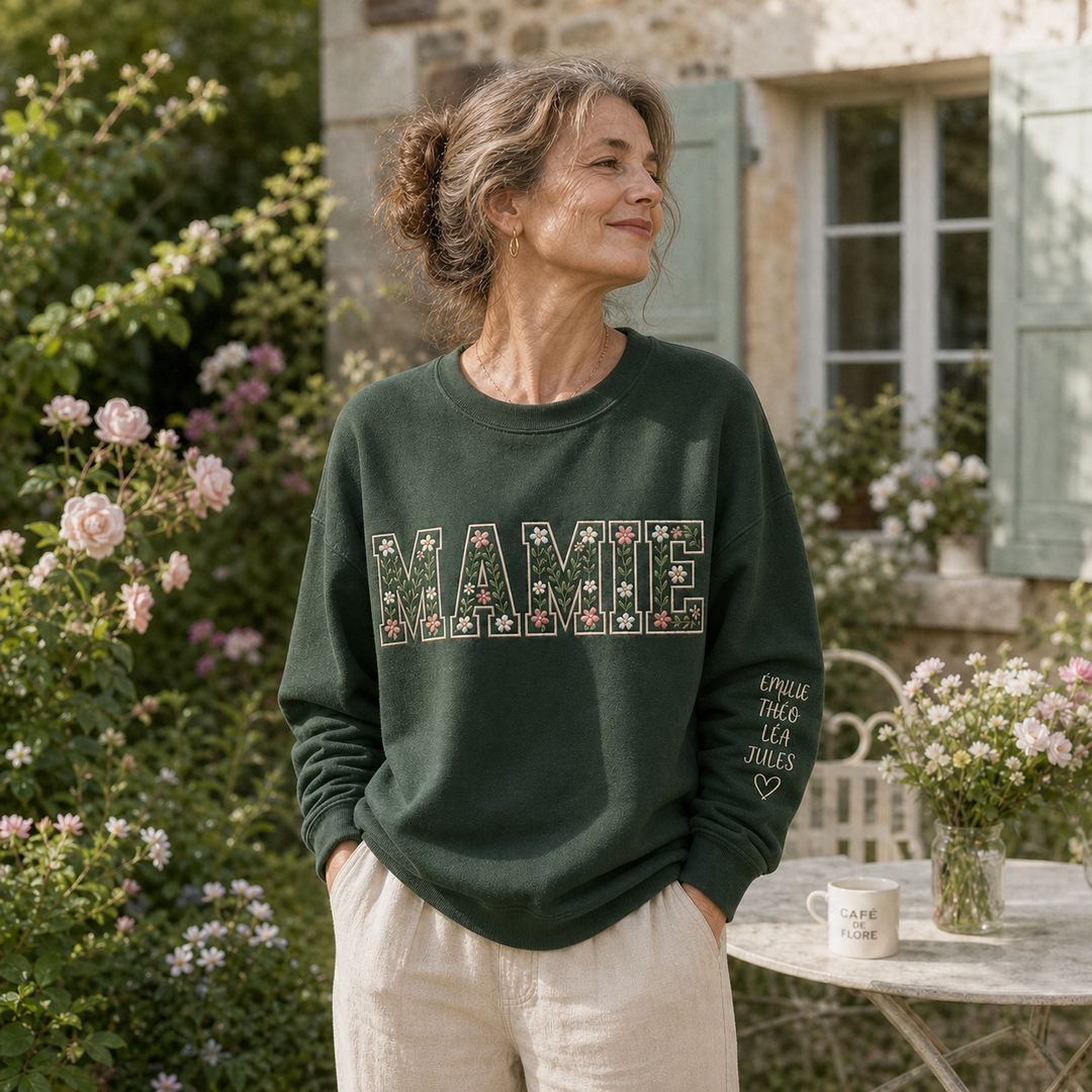 Sweat-shirt personnalisé avec surnom et motifs floraux brodés – pour maman et mamie